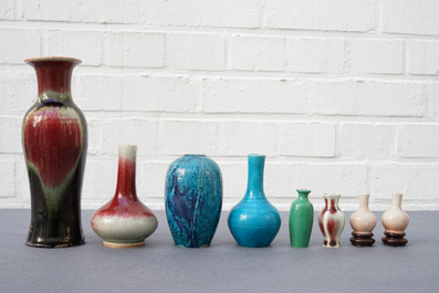 Eight various Chinese monochrome vases, 18/19th C.