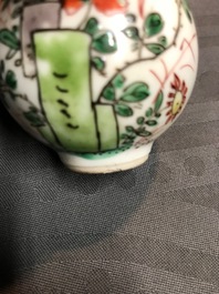 Two Chinese famille rose and verte vases and a snuff bottle, Kangxi/Yongzheng