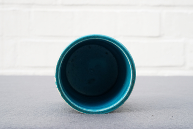 A Chinese monochrome turquoise-glazed brush pot and a plate, Kangxi