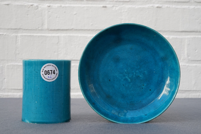 A Chinese monochrome turquoise-glazed brush pot and a plate, Kangxi