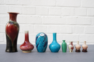 Eight various Chinese monochrome vases, 18/19th C.