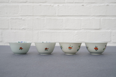 A Chinese famille rose teapot, nine cups and six saucers, Qianlong