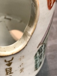Two Chinese famille rose vases and a qianjiang cai hat stand, 19/20th C.