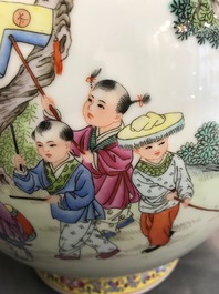 A Chinese famille rose 'playing boys' vase, Qianlong mark, 20th C.