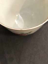A Chinese famille rose cup and saucer with roosters, Yongzheng