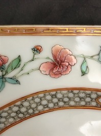 A fine Chinese hexagonal famille rose 'peony' dish, Yongzheng