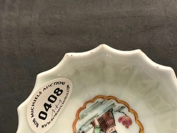A Chinese famille rose cup and saucer with fishermen, Yongzheng