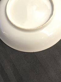 A pair of fine Chinese cups and saucers with roosters and chickens, Qianlong