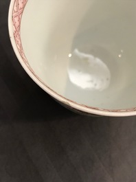 A Chinese famille rose cup and saucer with roosters, Yongzheng