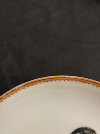 A pair of fine Chinese cups and saucers with roosters and chickens, Qianlong