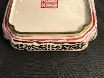 Four Chinese Canton enamel saucers and three cups, Qianlong