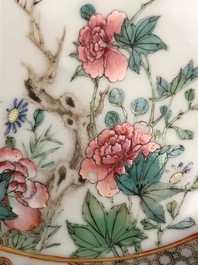 A fine Chinese hexagonal famille rose 'peony' dish, Yongzheng