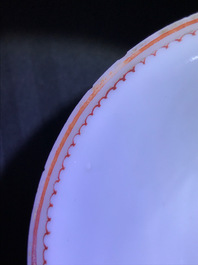 A pair of fine Chinese cups and saucers with roosters and chickens, Qianlong