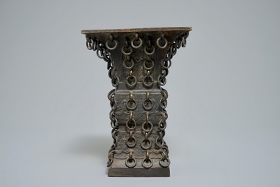 A Chinese archaistic ringed bronze fanggu vase, Ming