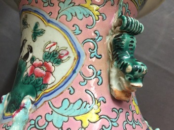 Two Chinese famille rose vases and a pair of Straits or Peranakan vases, 19th C.