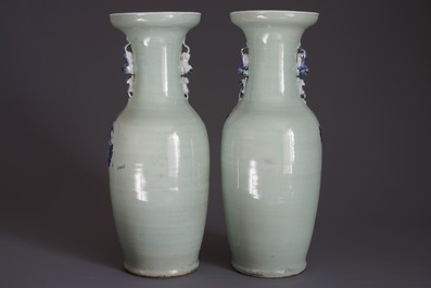 A pair of Chinese blue and white celadon ground vases with dragons and phoenixes, 19th C.