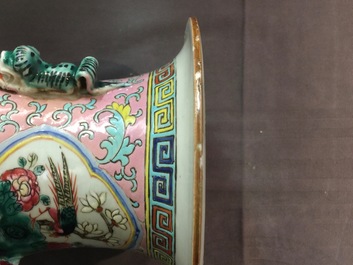 Two Chinese famille rose vases and a pair of Straits or Peranakan vases, 19th C.