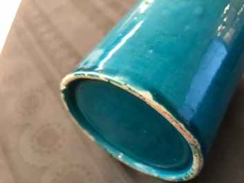 A Chinese monochrome turquoise-glazed brush pot and a plate, Kangxi
