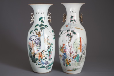 Two Chinese famille rose vases with figures in a garden, 19/20th C.