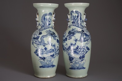 A pair of Chinese blue and white celadon ground vases with dragons and phoenixes, 19th C.