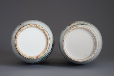 Two Chinese famille rose vases with figures in a garden, 19/20th C.