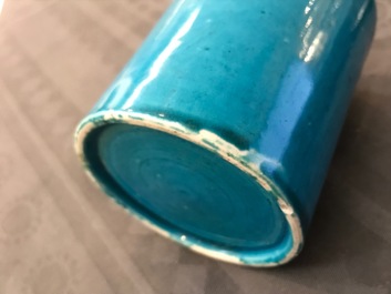 A Chinese monochrome turquoise-glazed brush pot and a plate, Kangxi