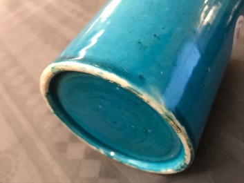 A Chinese monochrome turquoise-glazed brush pot and a plate, Kangxi