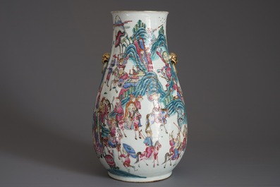 A large Chinese famille rose hu vase with warrior scenes, 19th C.