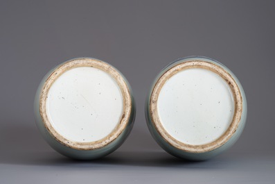 A pair of Chinese blue and white celadon ground vases with dragons and phoenixes, 19th C.