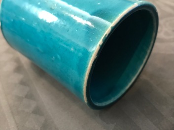 A Chinese monochrome turquoise-glazed brush pot and a plate, Kangxi