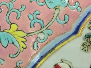 Two Chinese famille rose vases and a pair of Straits or Peranakan vases, 19th C.