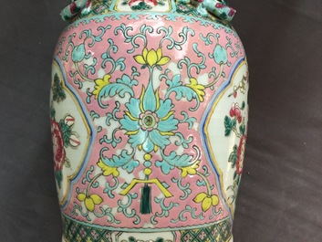 Two Chinese famille rose vases and a pair of Straits or Peranakan vases, 19th C.