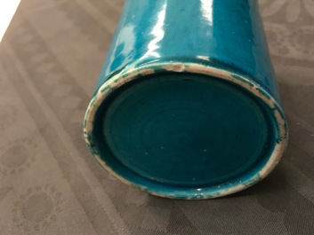 A Chinese monochrome turquoise-glazed brush pot and a plate, Kangxi