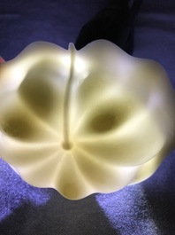 A Chinese Dehua blanc de Chine lotus leaf-shaped brush washer on stand, Kangxi
