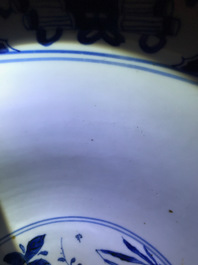 Three large Chinese blue and white bowls, Kangxi