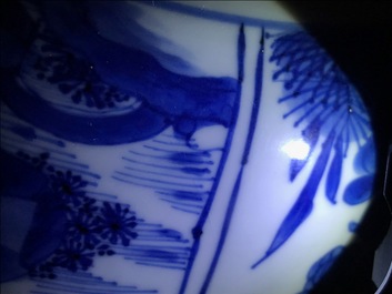Three large Chinese blue and white bowls, Kangxi