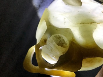 A Chinese lotus-shaped jade libation cup on stand, 18/19th C.