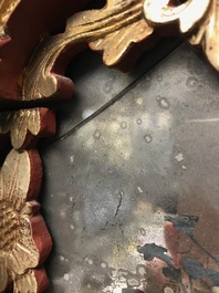 A rare Chinese gilt wood and reverse glass painted mirror, 2nd half 18th C.