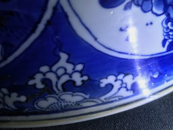 Three large Chinese blue and white bowls, Kangxi
