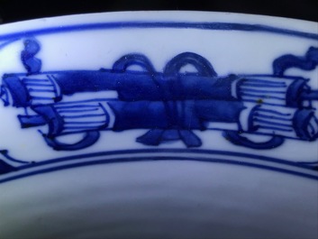 Three large Chinese blue and white bowls, Kangxi