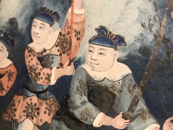 A rare Chinese gilt wood and reverse glass painted mirror, 2nd half 18th C.