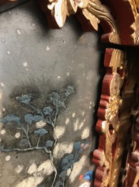 A rare Chinese gilt wood and reverse glass painted mirror, 2nd half 18th C.