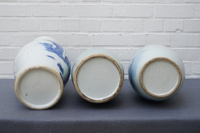 Three Chinese blue and white vases, 19th C.
