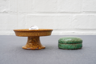 A Chinese marbled ware stem bowl and box with cover, Song or later