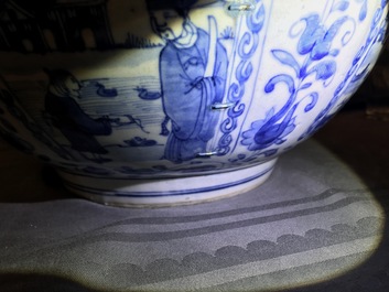 A large Chinese blue and white kraak porcelain bowl with figurative panels, Wanli