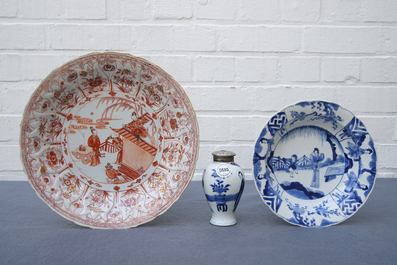 A Chinese 'milk and blood' dish, a blue and white klapmuts bowl and a tea caddy, Kangxi