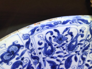 A large Chinese blue and white kraak porcelain bowl with figurative panels, Wanli