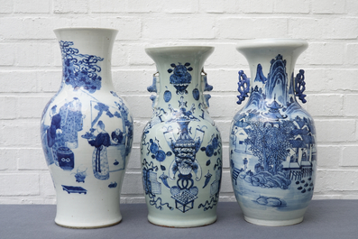 Three Chinese blue and white vases, 19th C.