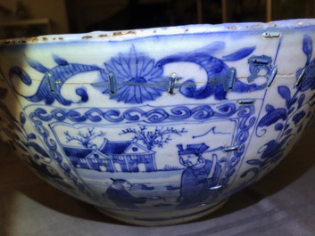 A large Chinese blue and white kraak porcelain bowl with figurative panels, Wanli
