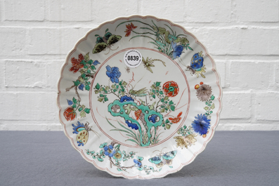 A lobed Chinese famille verte plate with insects, Kangxi